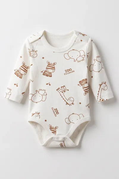 Ekru (0-9 Ay) Safari  Desenli Bebek Çıtçıtlı Badi 482305
