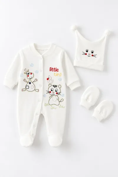 Ekru (0-9 Ay) Sevimli Hayvanlar Nakışlı Şapkalı Eldivenli Penye Bebek Tulum 500417