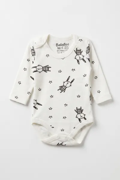 Ekru (0-9 Ay) Yıldızlı Tavşan  Desenli Bebek Çıtçıtlı Badi 482299