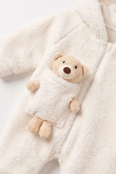 Ekru (1-3 Yaş) Ayı Oyuncaklı Kapüşonlu Unisex Çocuk&Bebek Peluş  Tulum 495654