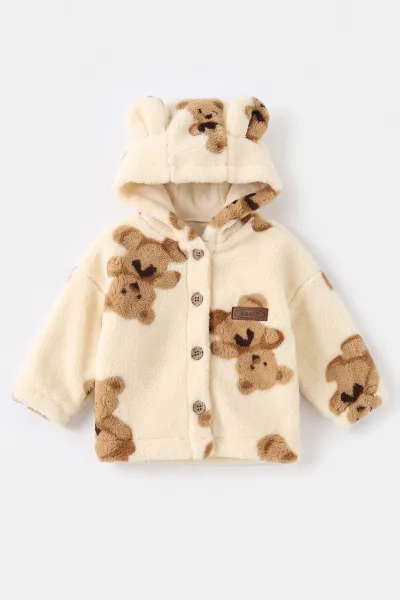 Ekru (1-3 Yaş) Ayıcık Desenli Kapüşonlu Polar  Kız Çocuk&Bebek Hırka 495941