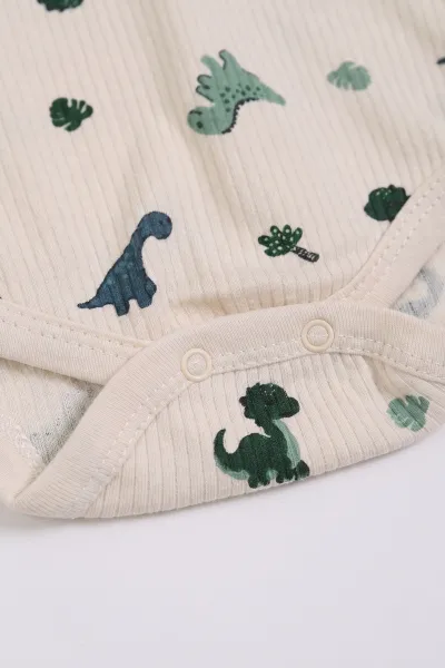 Ekru (1-3 Yaş) Dinozor Desenli Kısa Kol Erkek Bebek & Çocuk Çıtçıtlı Badi 480395