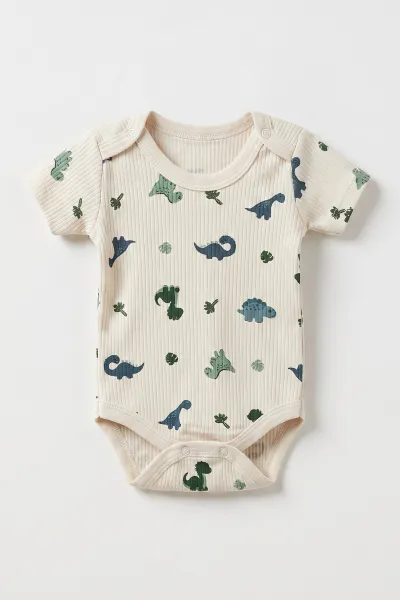 Ekru (1-3 Yaş) Dinozor Desenli Kısa Kol Erkek Bebek & Çocuk Çıtçıtlı Badi 480395
