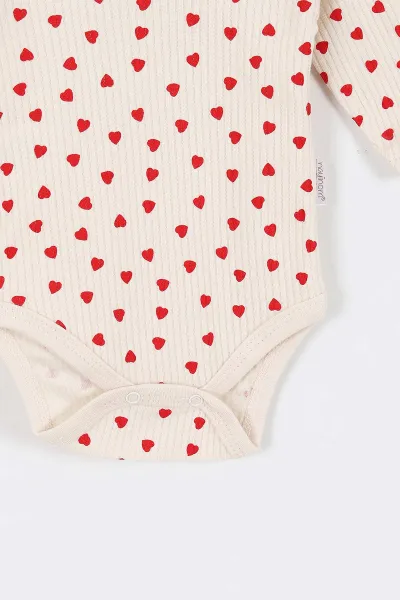 Ekru (1-3 Yaş)  Rapor Model Kalp Baskılı Uzun Kol Bebek Çıtçıtlı Badi 312334