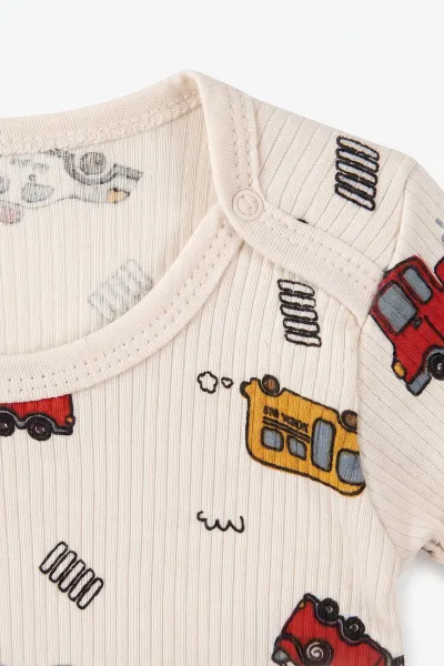 Ekru (1-3 Yaş)Arabalar  Baskılı   Uzun Kollu  Erkek Bebek & Çocuk Çıtçıtlı Badi 480316