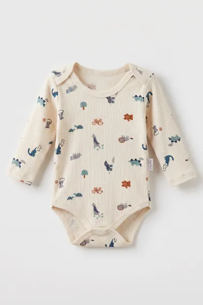Ekru (1-3 Yaş)Safari Baskılı   Uzun Kollu  Erkek Bebek & Çocuk Çıtçıtlı Badi 480311