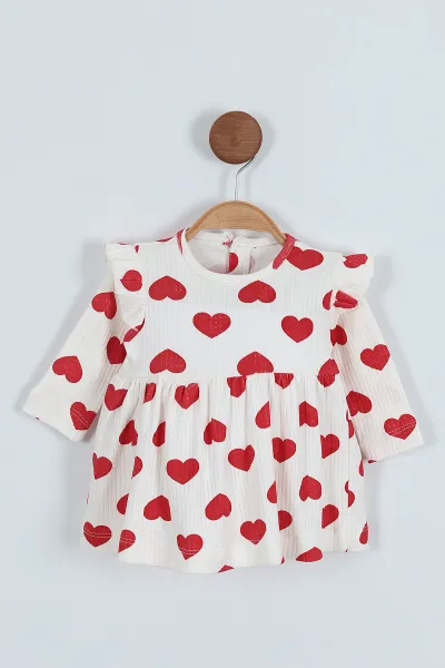 Ekru (3-18 Ay) Kalp Baskılı Kol Fırfırlı Kız Bebek Elbise 249490