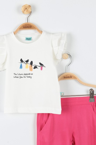 Ekru (1-4 Yaş) Kuş Baskılı Kol Detaylı Paça Lastikli Kız Bebe Takım 174351