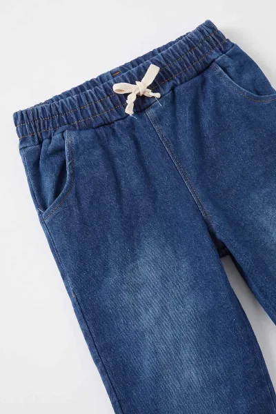 Ekru (1-5 Yaş) Ayı Nakışlı Yakası Patlı 3 İp Şaedonlu Sweatli Kot Pantolonlu Erkek Çocuk Takım 490703