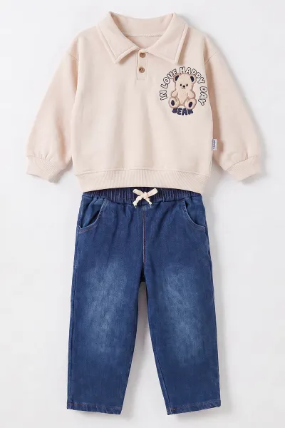 Ekru (1-5 Yaş) Ayı Nakışlı Yakası Patlı 3 İp Şaedonlu Sweatli Kot Pantolonlu Erkek Çocuk Takım 490703