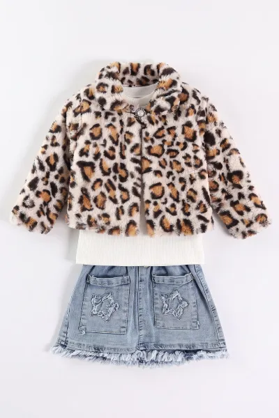Ekru (1-5 Yaş) Fitilli Bodyli Leopar Peluş Ceketli  Nakışlı Kot Etekli Kız Çocuk 3lü Takım 499752