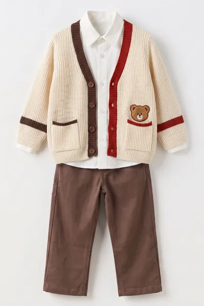 Ekru (1-5 Yaş) Gömlekli Ayı Nakışlı Triko Hırkalı  Gabardin Pantolonlu Erkek Çocuk 3'lü Takım 501155