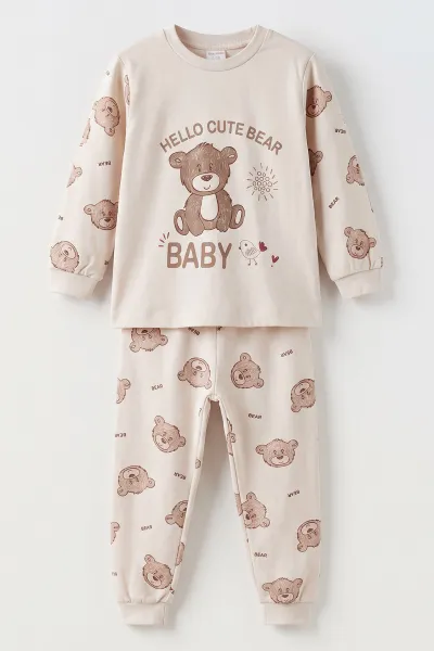 Ekru (1-6 Yaş )Hello Cute Bear Baskılı Penye Erkek Bebek&Çocuk   Pijama Takım 500346