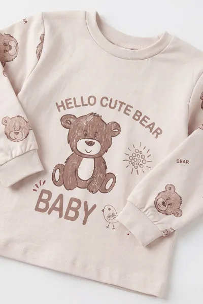 Ekru (1-6 Yaş )Hello Cute Bear Baskılı Penye Erkek Bebek&Çocuk   Pijama Takım 500346