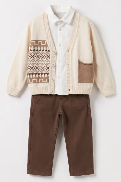Ekru (1-6 Yaş)Gömlekli Desenli Triko Hırkalı Gabardin  Pantolonlu Erkek Çocuk 3'lü Takım 500879