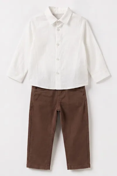 Ekru (1-6 Yaş)Gömlekli Desenli Triko Hırkalı Gabardin  Pantolonlu Erkek Çocuk 3'lü Takım 500879