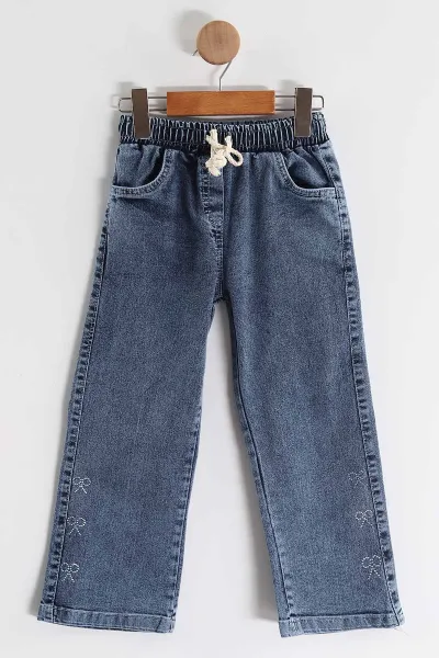 Ekru (1-9 Yaş)  Fiyonk Nakışlı Taşlı  Kot Pantolonlu Kız Çocuk 2'li Takım 438549