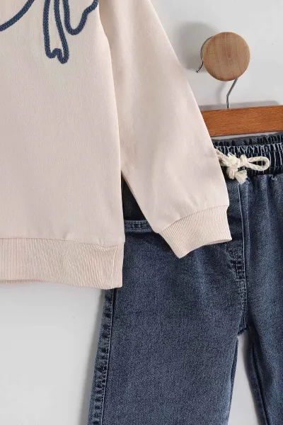 Ekru (1-9 Yaş)  Fiyonk Nakışlı Taşlı  Kot Pantolonlu Kız Çocuk 2'li Takım 438549