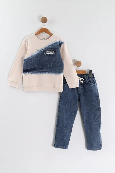 Ekru (1-9 Yaş ) Kot Detay Sweatli Kot Pantolonlu Kız Çocuk 2'li Takım 440114
