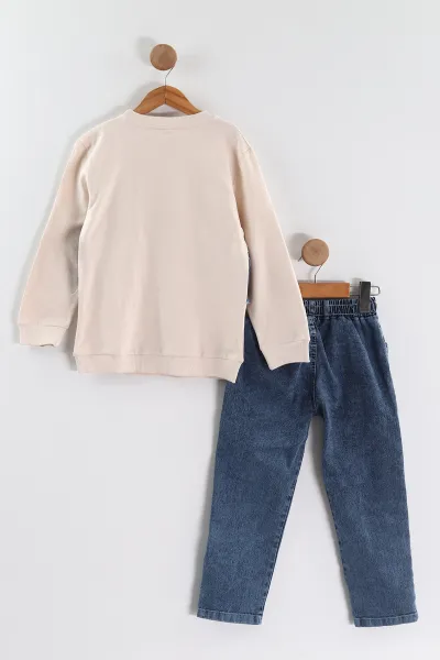 Ekru (1-9 Yaş ) Kot Detay Sweatli Kot Pantolonlu Kız Çocuk 2'li Takım 440114