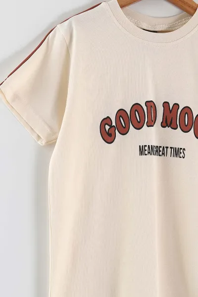 Ekru (2-10 Yaş) Good Mood Baskılı Ara Biyeli Şortlu Erkek Çocuk Yazlık 2'li Takım 459036