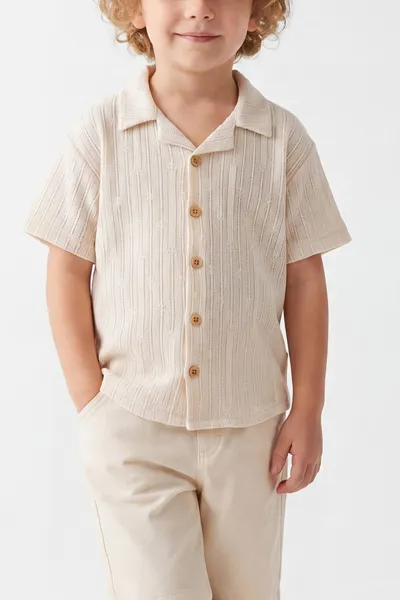 Ekru (2-10 Yaş)Çizgili Desen Örgü Gömlekli ve Gabardin Şortlu Erkek Çocuk Yazlık Takım 459982