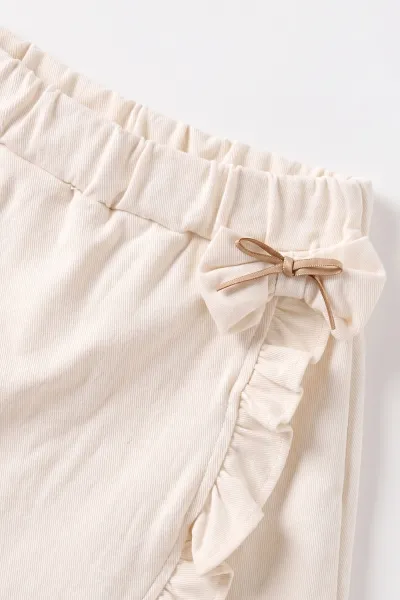 Ekru (2-6 Yaş) Gabardin Şort Etekli Peluş Yelekli Kız Çocuk 3'Lü Takım 483646