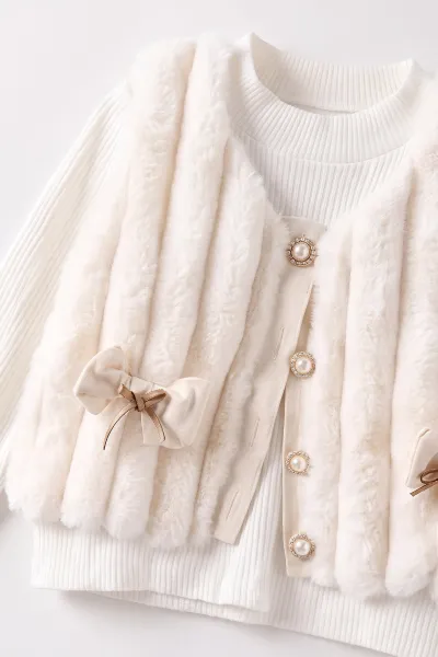 Ekru (2-6 Yaş) Gabardin Şort Etekli Peluş Yelekli Kız Çocuk 3'Lü Takım 483646