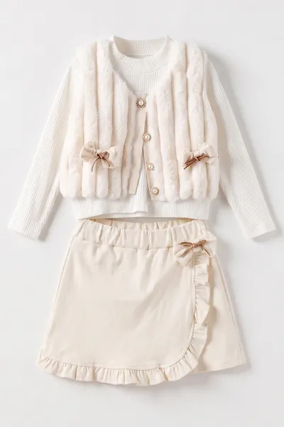 Ekru (2-6 Yaş) Gabardin Şort Etekli Peluş Yelekli Kız Çocuk 3'Lü Takım 483646