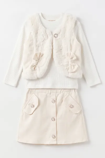Ekru (2-6 Yaş) Gabardin Şort Etekli  Peluş Yelekli Kız Çocuk 3'lü Takım 491158