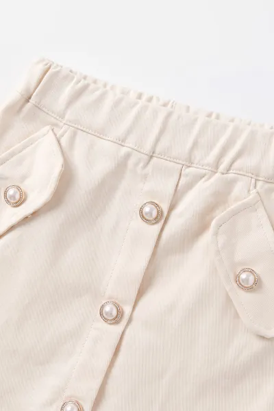 Ekru (2-6 Yaş) Gabardin Şort Etekli  Peluş Yelekli Kız Çocuk 3'lü Takım 491158