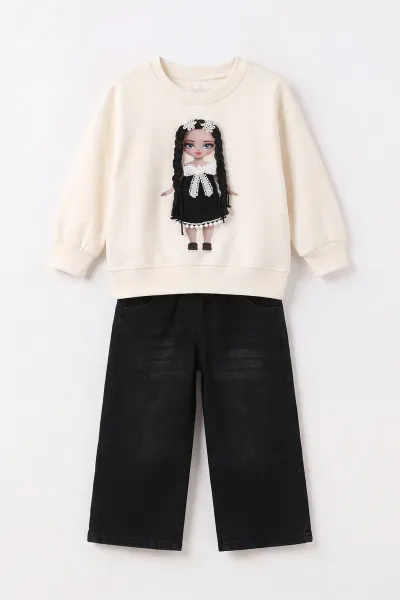 Ekru (2-7 Yaş) Bebek Figürlü Kot Pantolonlu Kız Çocuk Takım 497481