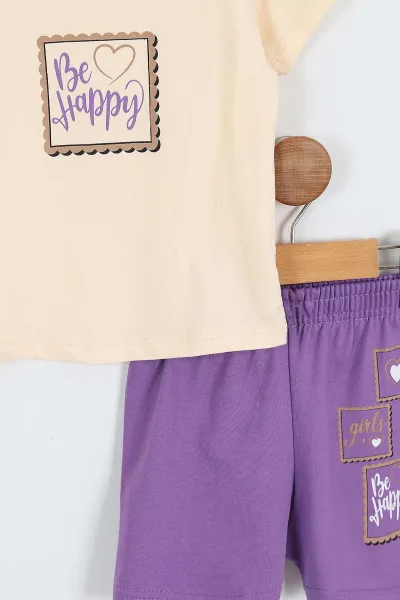 Ekru (2-9 Yaş)  Be Happy Baskılı Şortlu Kız Çocuk Yazlık Takım 354245