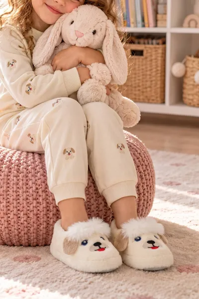 Ekru ( 25 - 30 ) Peluş Figürlü Kız Çocuk Panduf 496279
