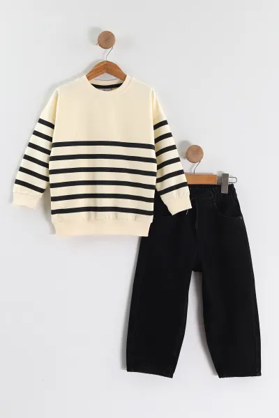 ekru-3-10-yas-cizgi-baskili-sweatli-kot-pantolonlu-erkek-cocuk-2li-takim-437397