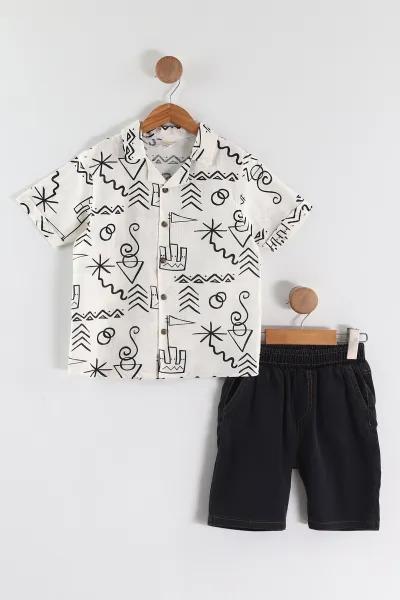Ekru (3-10 Yaş)Apaş Yaka Etnik Desen Gabardin Şortlu Erkek Çocuk Takım 459865