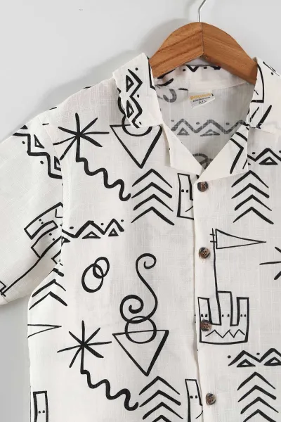 Ekru (3-10 Yaş)Apaş Yaka Etnik Desen Gabardin Şortlu Erkek Çocuk Takım 459865