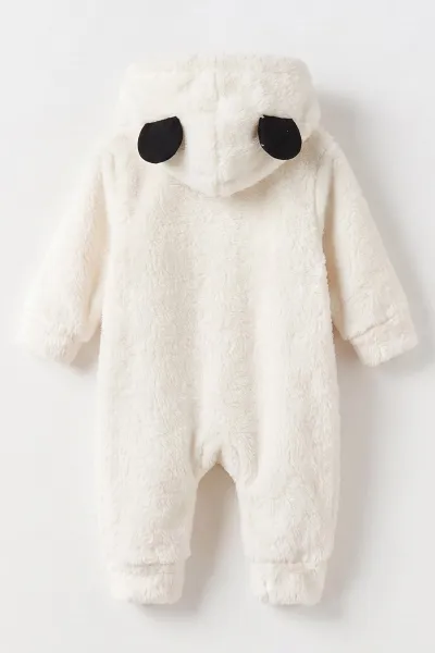 Ekru (3-12 Ay) Karakter Nakışlı  Kapüşonlu Peluş Kız Bebek Tulum 495676