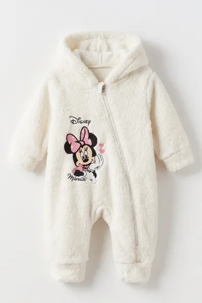 Ekru (3-12 Ay) Karakter Nakışlı  Kapüşonlu Peluş Kız Bebek Tulum 495676