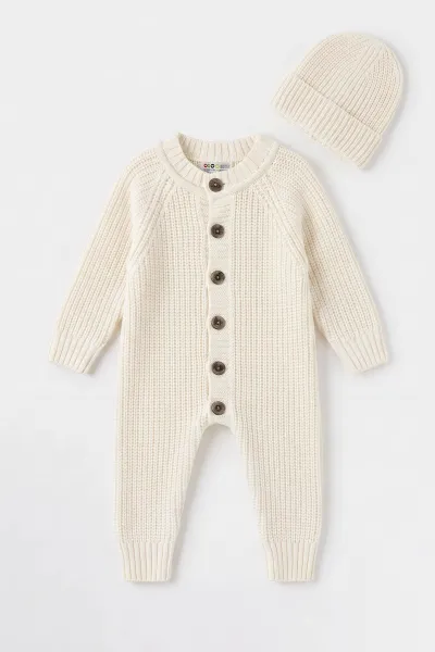 Ekru (3-12 Ay) Selanik Örgülü Dikişsiz Şapkalı Triko  Bebek Tulum 474373
