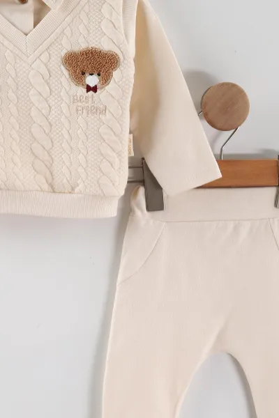 Ekru (3-12 Ay) Süzsene Ayıcık Nakışlı Süveter Detaylı Erkek Bebek 2'li Takım 431207