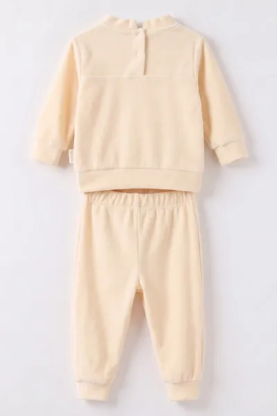 Ekru (3-18 Ay) Best Mom Ever Nakışlı Kadife Kız Bebek Takım 487633