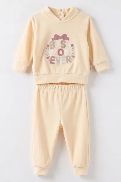 Ekru (3-18 Ay) Best Mom Ever Nakışlı Kadife Kız Bebek Takım 487633