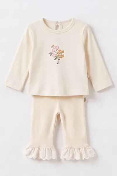 Ekru (3-18 Ay) Nakışlı İç Badili Triko Kız Bebek 3'lü Takım 476989