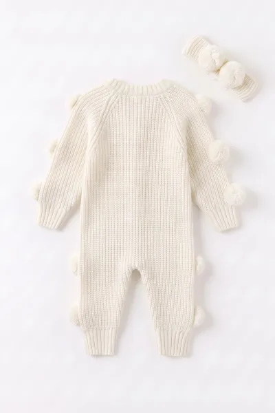Ekru (3-24 Ay) Selanik Örgülü Ponponlu Bandana Aksesuarlı Kız Bebek Triko Tulum 474597