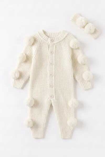 Ekru (3-24 Ay) Selanik Örgülü Ponponlu Bandana Aksesuarlı Kız Bebek Triko Tulum 474597