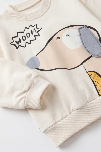 Ekru (3-24 Ay) Woof Baskılı 2 İp  Alt Çimalı Erkek Bebek Takım 480845