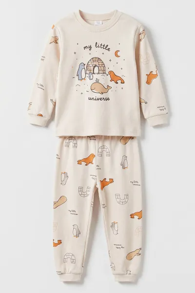 Ekru (3-6 Yaş ) Alaska Desenli Penye Erkek Çocuk   Pijama Takım 500344