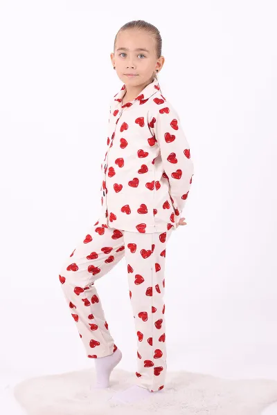 Ekru (4-12 Yaş)Kalp Desenli Düğmeli Kız Çocuk Pijama Takımı 329814