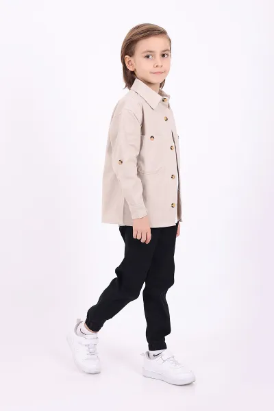 Ekru (5-14 Yaş) Çift Cepli Oversize Kalıp Erkek Çocuk Gabardin Gömlek 323440